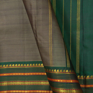 Grey And Green Kanjivaram Silk Saree With Medium Border Handwoven Pure Silk For Wedding Wear PV J 2933 - Silk Sari - Panjavarnam PV J 2933