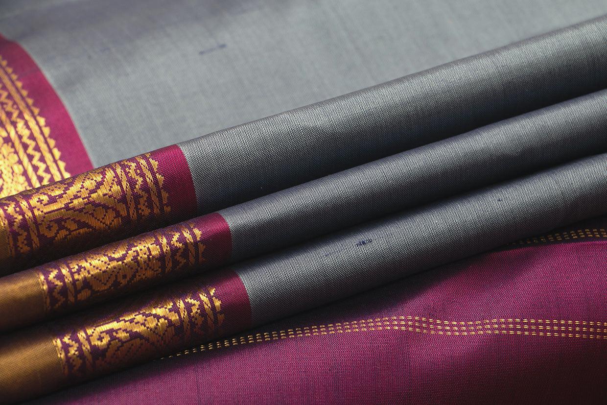 Grey And Magenta Kanchipuram Silk Saree With Short Border Handwoven Pure Silk For Festive Wear PV J 433 - Silk Sari - Panjavarnam