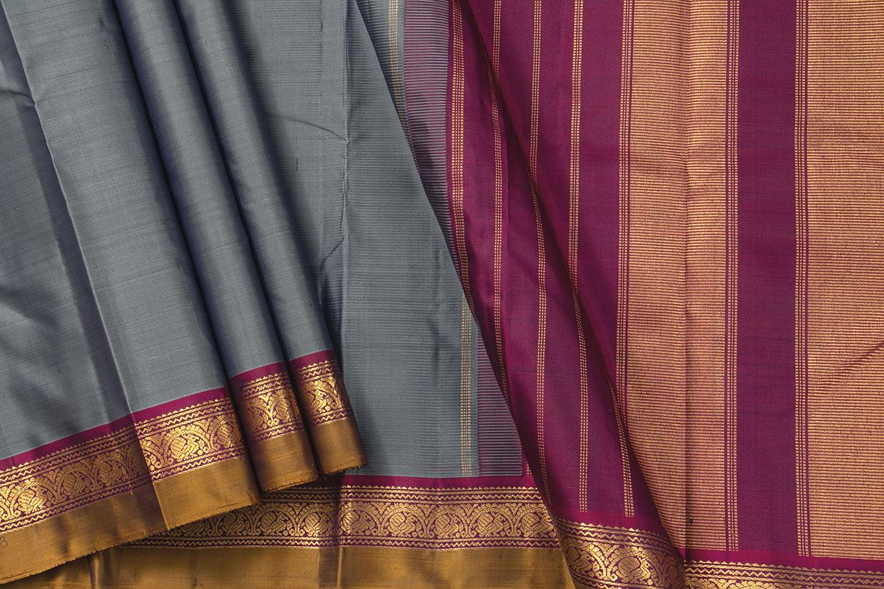 Grey And Magenta Kanchipuram Silk Saree With Short Border Handwoven Pure Silk For Festive Wear PV J 433 - Silk Sari - Panjavarnam PV J 433