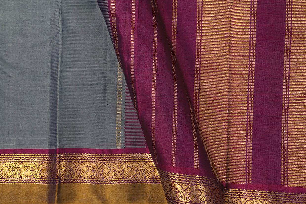 Grey And Magenta Kanchipuram Silk Saree With Short Border Handwoven Pure Silk For Festive Wear PV J 433 - Silk Sari - Panjavarnam PV J 433