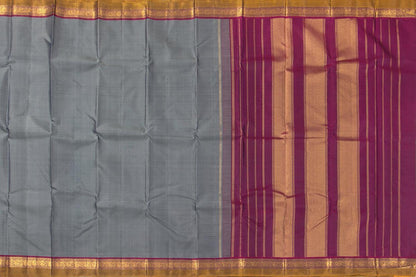 Grey And Magenta Kanchipuram Silk Saree With Short Border Handwoven Pure Silk For Festive Wear PV J 433 - Silk Sari - Panjavarnam PV J 433