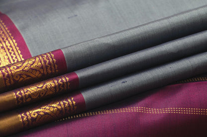 Grey And Magenta Kanchipuram Silk Saree With Short Border Handwoven Pure Silk For Festive Wear PV J 433 - Silk Sari - Panjavarnam PV J 433