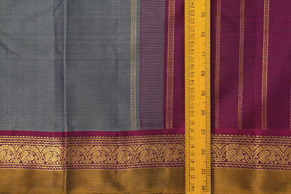 Grey And Magenta Kanchipuram Silk Saree With Short Border Handwoven Pure Silk For Festive Wear PV J 433 - Silk Sari - Panjavarnam PV J 433