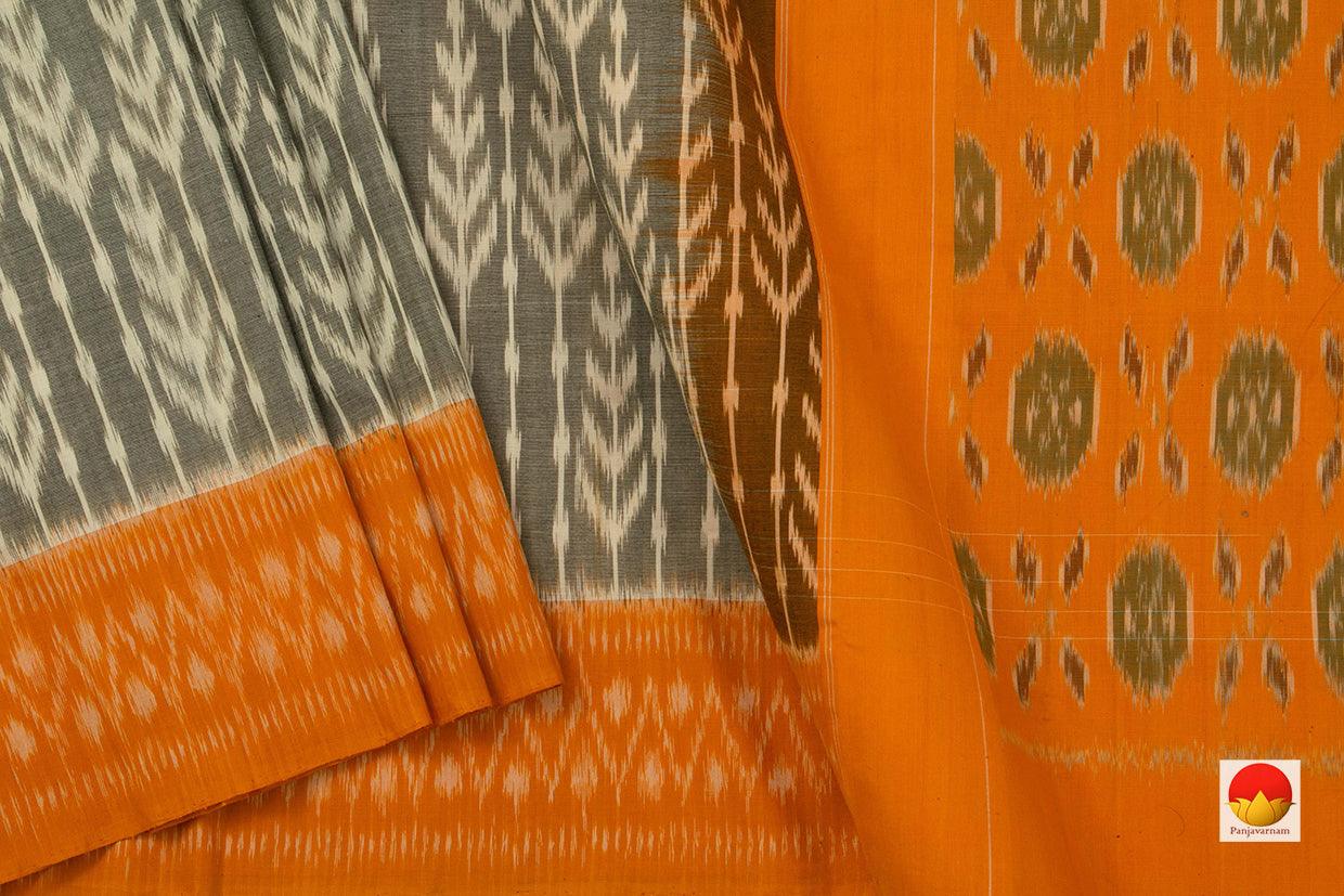 Grey And Orange Pochampally Ikkat Cotton Saree Handwoven SC 153 - Cotton Saree - Panjavarnam SC 153