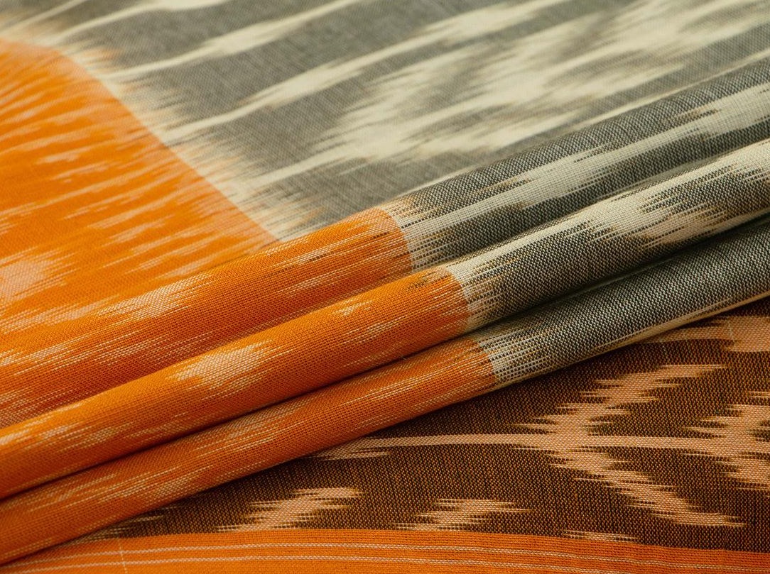 Grey And Orange Pochampally Ikkat Cotton Saree Handwoven SC 153 - Cotton Saree - Panjavarnam SC 153