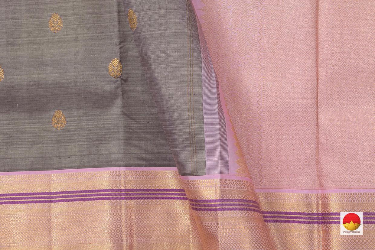 Grey and Pastel Pink Kanchipuram Silk Saree With Medium Border Handwoven Pure Silk For Festive Wear PV NYC 1042 - Silk Sari - Panjavarnam PV NYC 1042