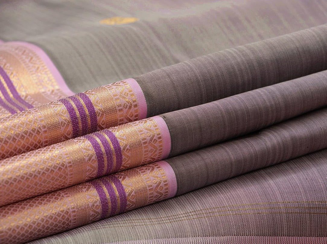 Grey and Pastel Pink Kanchipuram Silk Saree With Medium Border Handwoven Pure Silk For Festive Wear PV NYC 1042 - Silk Sari - Panjavarnam PV NYC 1042