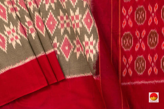 Grey And Red Pochampally Ikkat Cotton Saree Handwoven SC 155 - Cotton Saree - Panjavarnam
