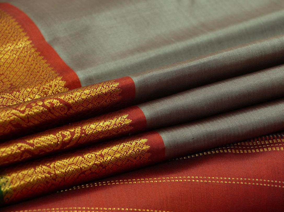 Grey And Rust Kanchipuram Silk Saree With Medium Border Handwoven Pure Silk For Festive Wear PV J 220 - Silk Sari - Panjavarnam