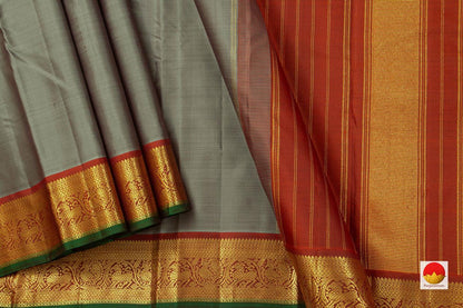 Grey And Rust Kanchipuram Silk Saree With Medium Border Handwoven Pure Silk For Festive Wear PV J 220 - Silk Sari - Panjavarnam PV J 220