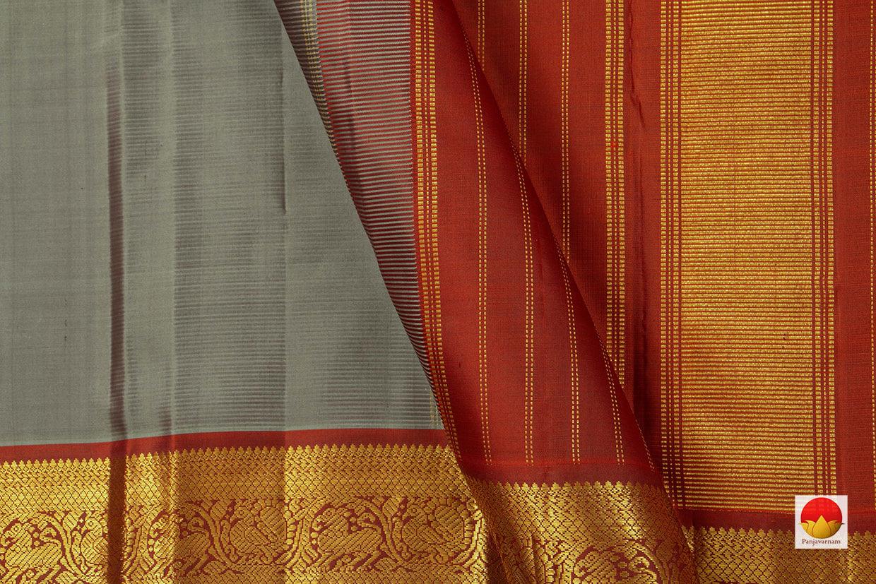 Grey And Rust Kanchipuram Silk Saree With Medium Border Handwoven Pure Silk For Festive Wear PV J 220 - Silk Sari - Panjavarnam PV J 220