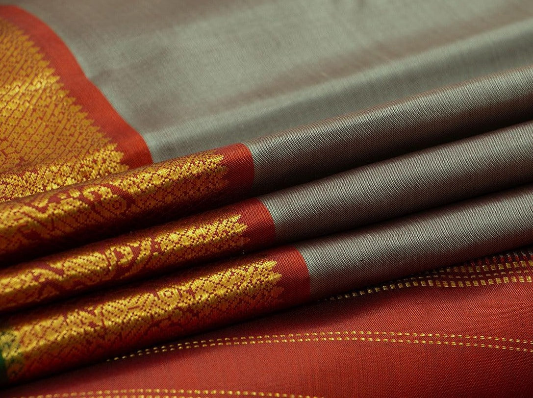 Grey And Rust Kanchipuram Silk Saree With Medium Border Handwoven Pure Silk For Festive Wear PV J 220 - Silk Sari - Panjavarnam PV J 220