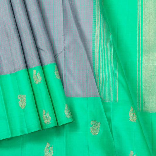 Grey And Sea Green Kanchipuram Silk Saree For Festive Wear PV NYC 1494 - Silk Sari - Panjavarnam PV NYC 1494