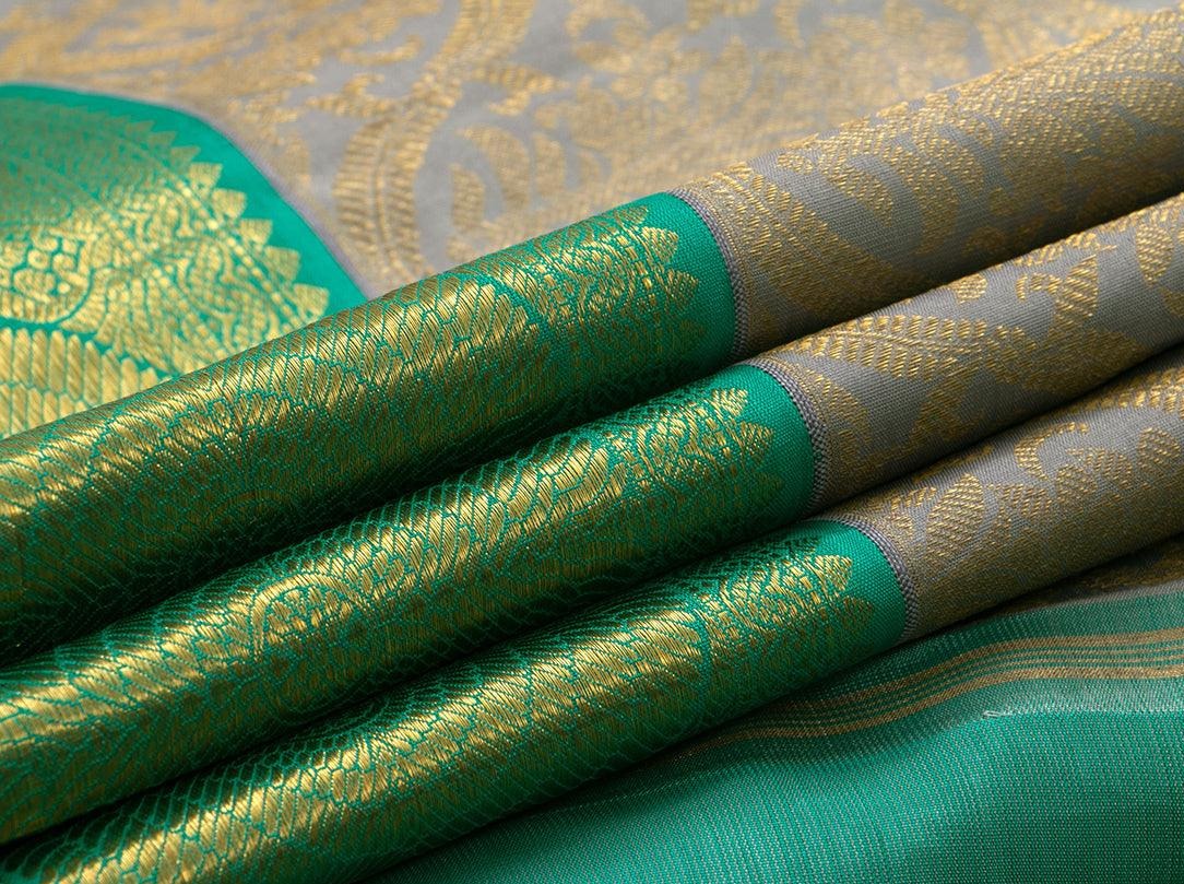 Grey And Sea Green Kanchipuram Silk Saree Handwoven Pure Silk Pure Zari For Wedding Wear PV NYC 736 - Silk Sari - Panjavarnam PV NYC 736