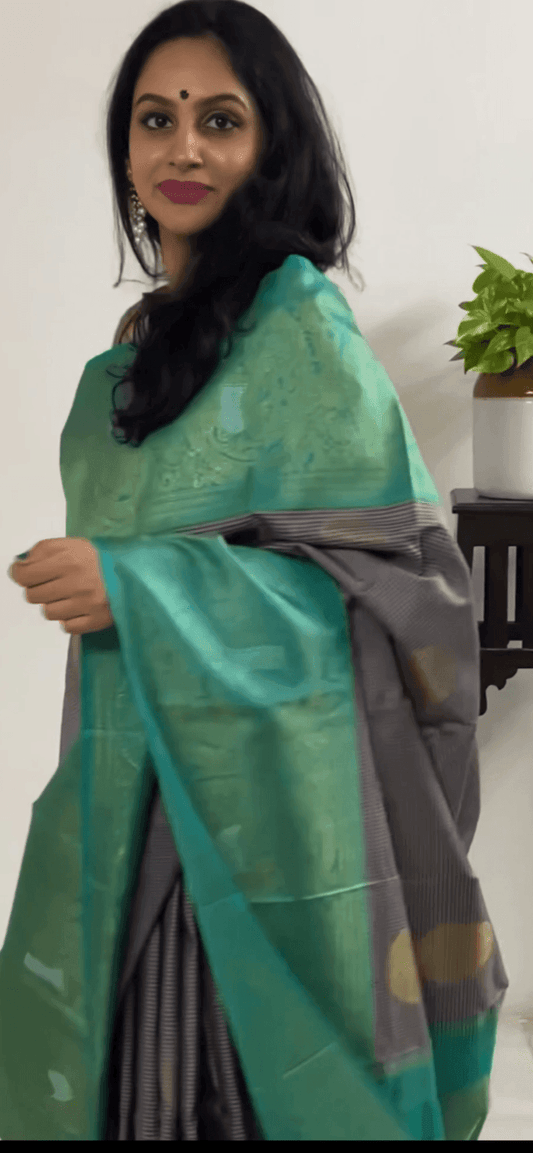 Grey And Turquoise Green Kanchipuram Silk Saree Handwoven Pure Silk Pure Zari For Party Wear PV ASB 14 A - Silk Sari - Panjavarnam PV ASB 14