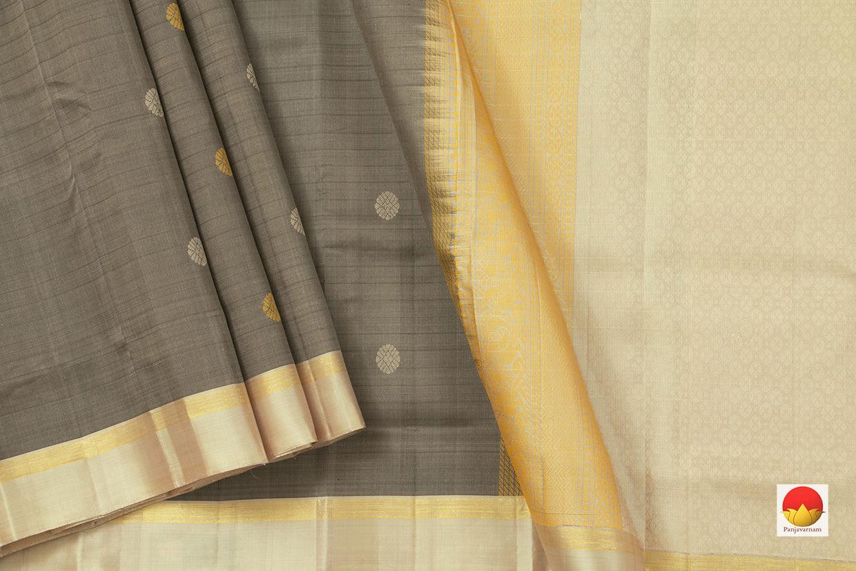 Grey And Yellow Kanchipuram Silk Saree Handwoven Pure Silk No Zari Light Weight With Medium Border Office Wear PV KNN 175 - Silk Sari - Panjavarnam