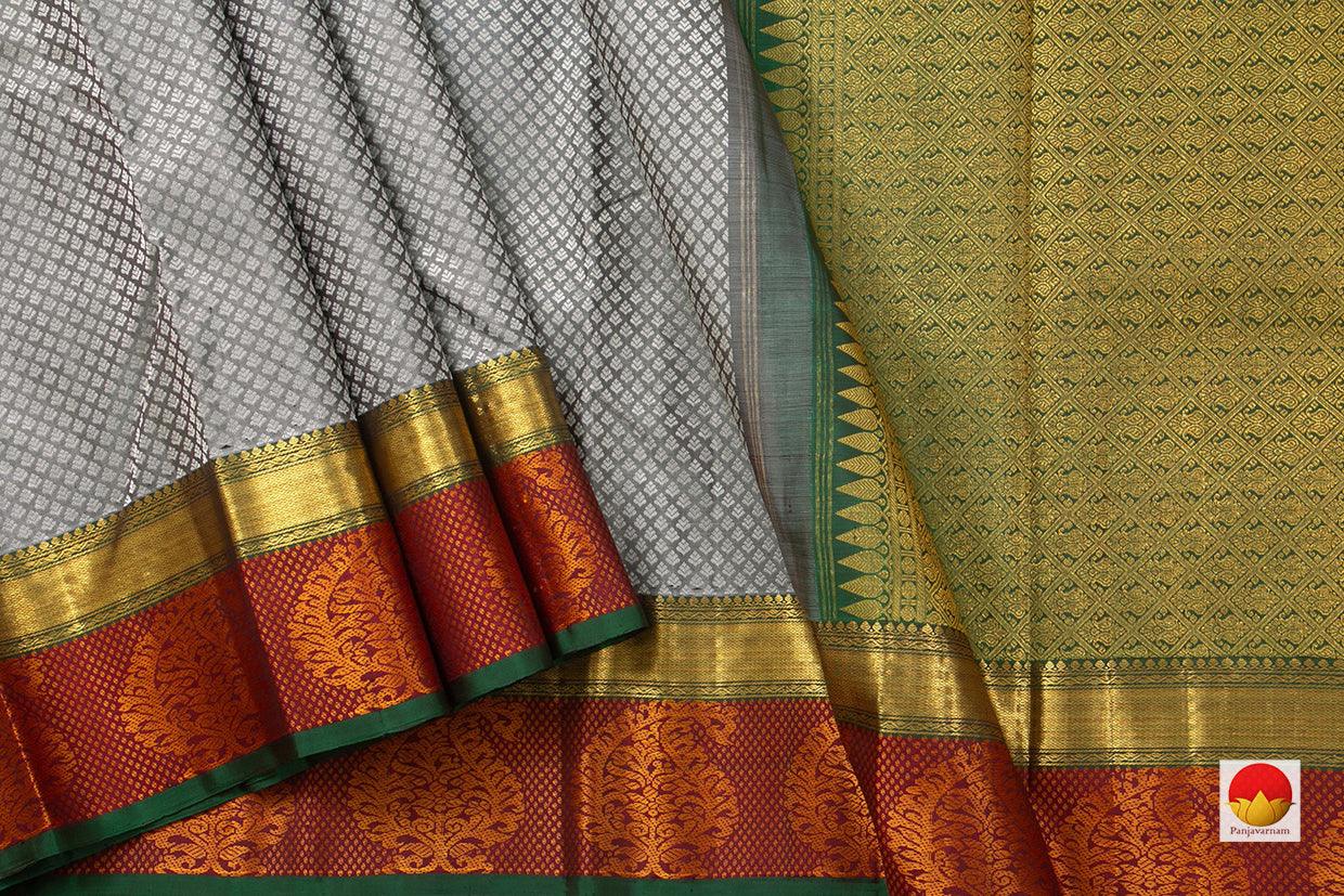 Grey Jacquard Kanchipuram Silk Saree Maroon Korvai Border Handwoven Pure Silk Pure Zari For Weddings - PV J 7026 - Silk Sari - Panjavarnam