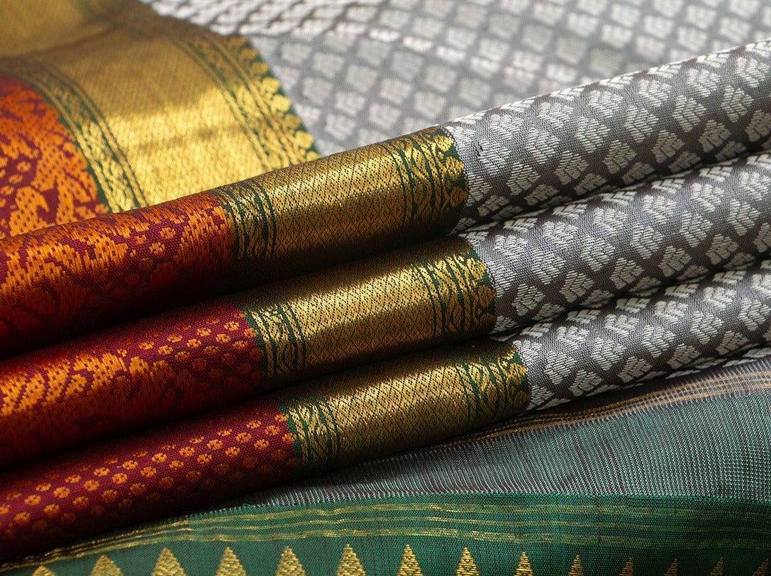 Grey Jacquard Kanchipuram Silk Saree Maroon Korvai Border Handwoven Pure Silk Pure Zari For Weddings - PV J 7026 - Silk Sari - Panjavarnam