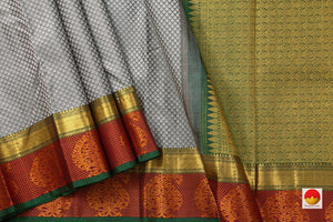 Grey Jacquard Kanchipuram Silk Saree Maroon Korvai Border Handwoven Pure Silk Pure Zari For Weddings - PV J 7026 - Silk Sari - Panjavarnam PV J 7026