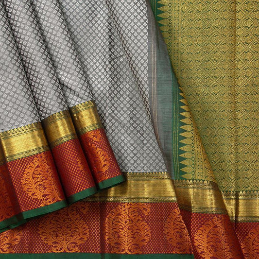 Grey Jacquard Kanchipuram Silk Saree Maroon Korvai Border Handwoven Pure Silk Pure Zari For Weddings - PV J 7026 - Silk Sari - Panjavarnam PV J 7026