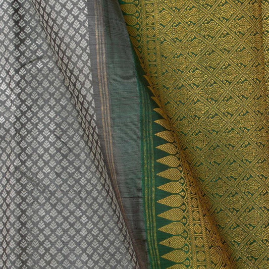 Grey Jacquard Kanchipuram Silk Saree Maroon Korvai Border Handwoven Pure Silk Pure Zari For Weddings - PV J 7026 - Silk Sari - Panjavarnam PV J 7026