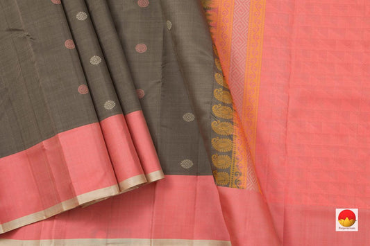 Grey Kanchipuram Silk Saree Handwoven Pure Silk No Zari Light Weight With Medium Border Office Wear PV KNN 180 - Silk Sari - Panjavarnam