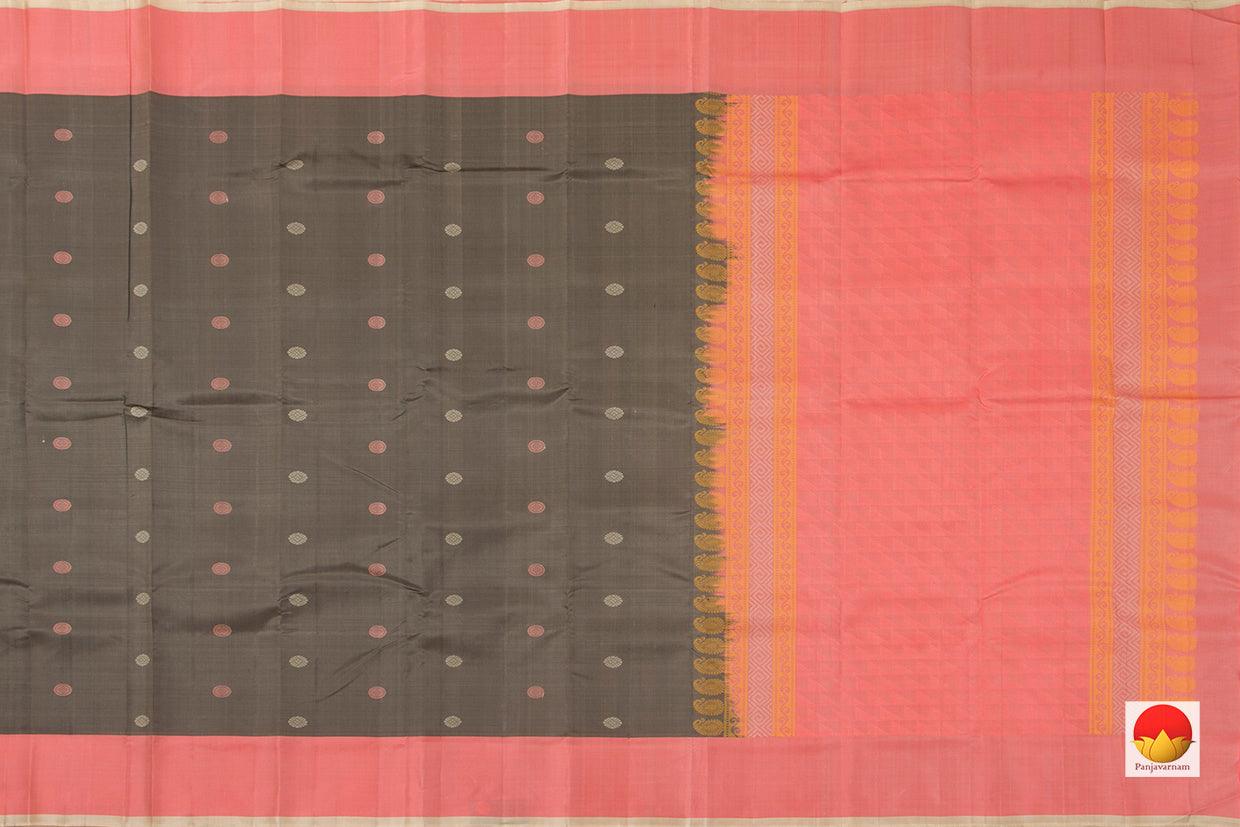 Grey Kanchipuram Silk Saree Handwoven Pure Silk No Zari Light Weight With Medium Border Office Wear PV KNN 180 - Silk Sari - Panjavarnam