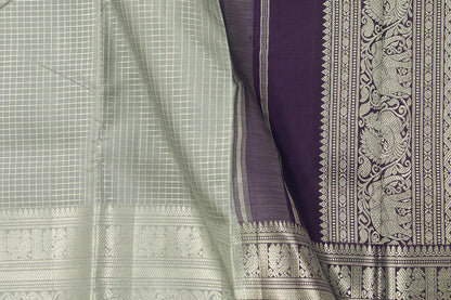 Grey Kanchipuram Silk Saree With Morning Evening Border Handwoven Pure Silk For Festive Wear PV NYC 996 - Silk Sari - Panjavarnam