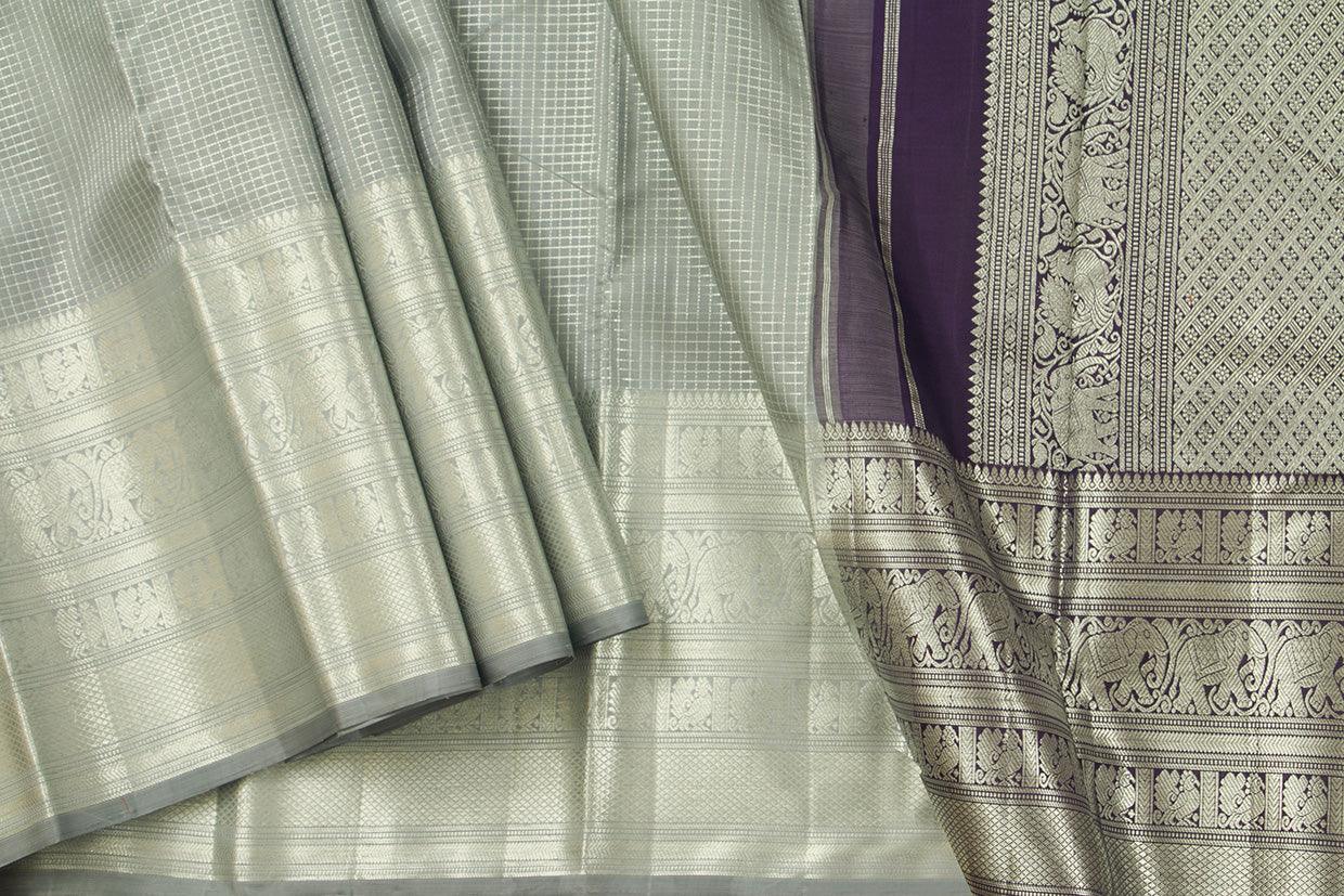 Grey Kanchipuram Silk Saree With Morning Evening Border Handwoven Pure Silk For Festive Wear PV NYC 996 - Silk Sari - Panjavarnam PV NYC 996