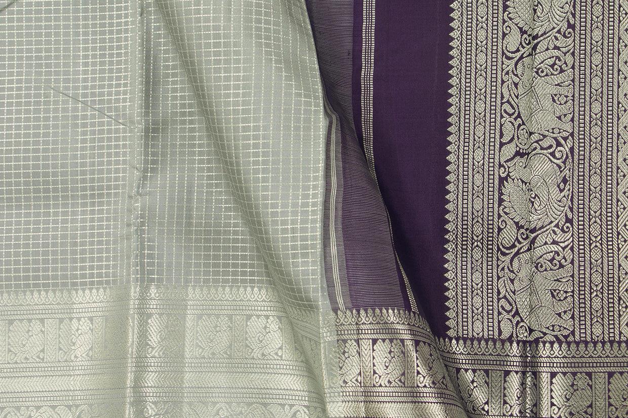 Grey Kanchipuram Silk Saree With Morning Evening Border Handwoven Pure Silk For Festive Wear PV NYC 996 - Silk Sari - Panjavarnam PV NYC 996