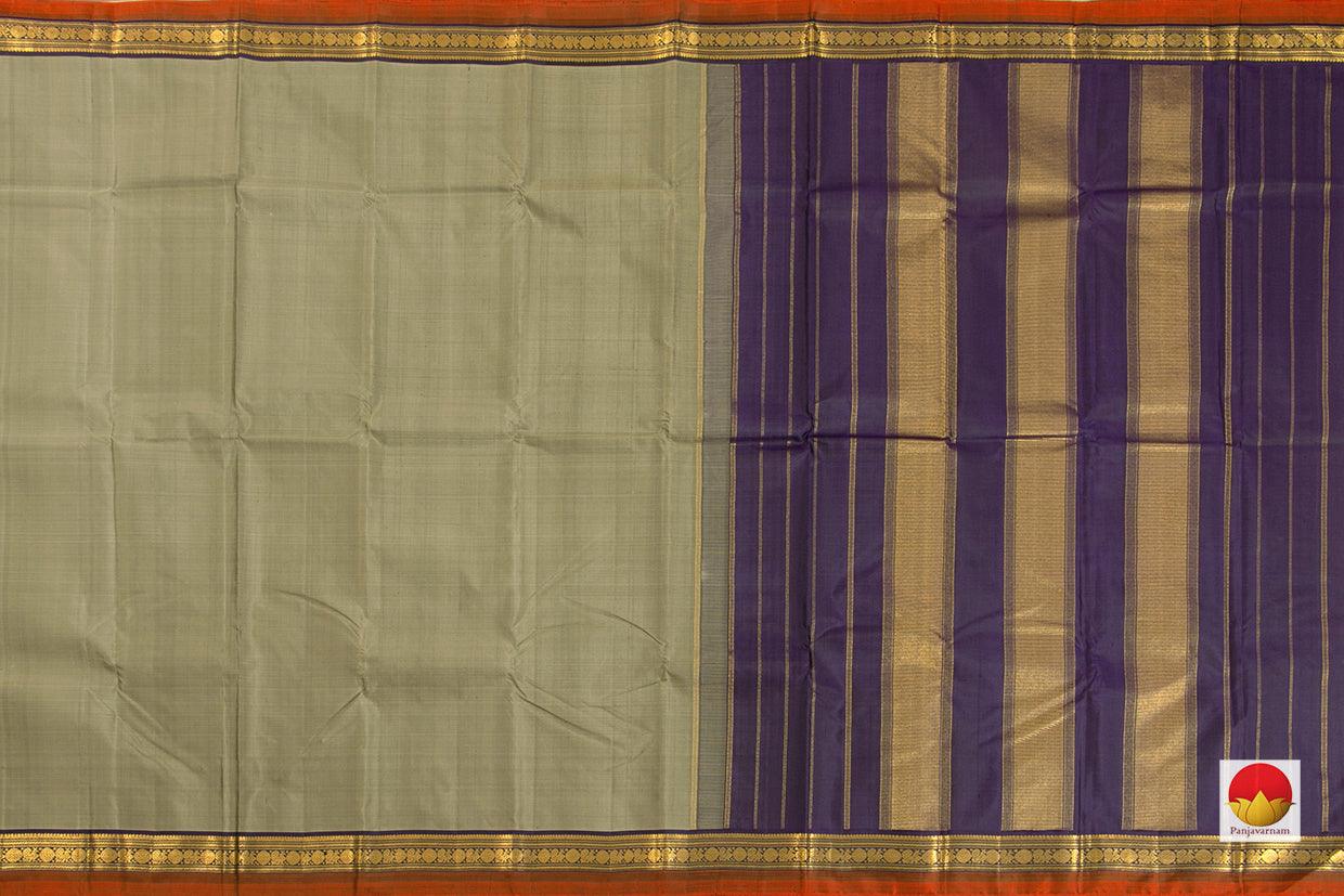 Grey Kanchipuram Silk Saree With Navy Blue Border Handwoven Pure Silk Pure Zari For Festive Wear PV J 5839 - Silk Sari - Panjavarnam