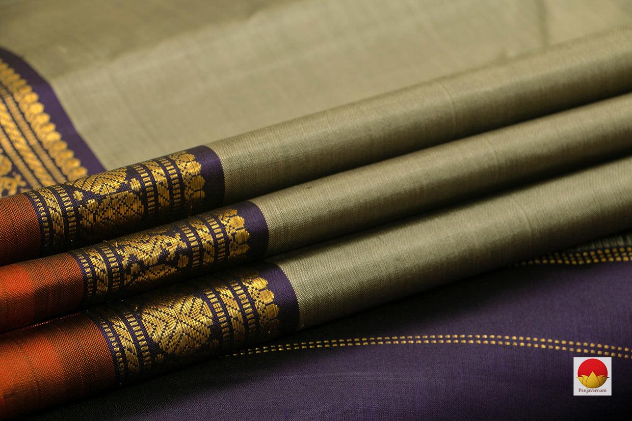 Grey Kanchipuram Silk Saree With Navy Blue Border Handwoven Pure Silk Pure Zari For Festive Wear PV J 5839 - Silk Sari - Panjavarnam