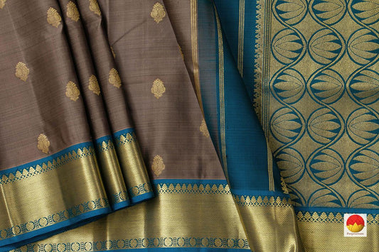 Grey Kanchipuram Silk Saree With Paisley Motifs And Blue Border Handwoven Pure Silk Pure Zari For Festive Wear PV SA 2037 - Silk Sari - Panjavarnam