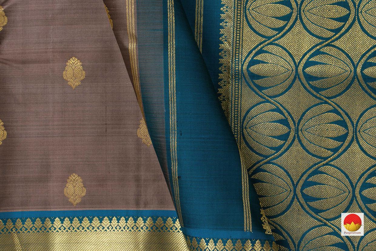 Grey Kanchipuram Silk Saree With Paisley Motifs And Blue Border Handwoven Pure Silk Pure Zari For Festive Wear PV SA 2037 - Silk Sari - Panjavarnam PV SA 2037