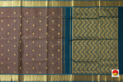 Grey Kanchipuram Silk Saree With Paisley Motifs And Blue Border Handwoven Pure Silk Pure Zari For Festive Wear PV SA 2037 - Silk Sari - Panjavarnam PV SA 2037