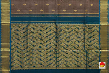 Grey Kanchipuram Silk Saree With Paisley Motifs And Blue Border Handwoven Pure Silk Pure Zari For Festive Wear PV SA 2037 - Silk Sari - Panjavarnam PV SA 2037