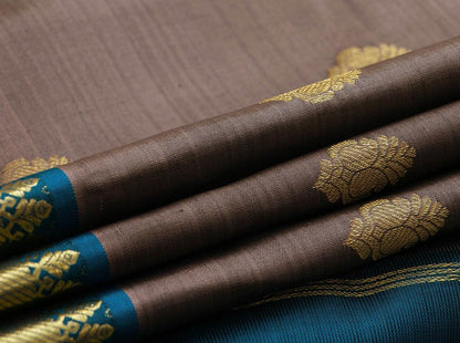 Grey Kanchipuram Silk Saree With Paisley Motifs And Blue Border Handwoven Pure Silk Pure Zari For Festive Wear PV SA 2037 - Silk Sari - Panjavarnam PV SA 2037