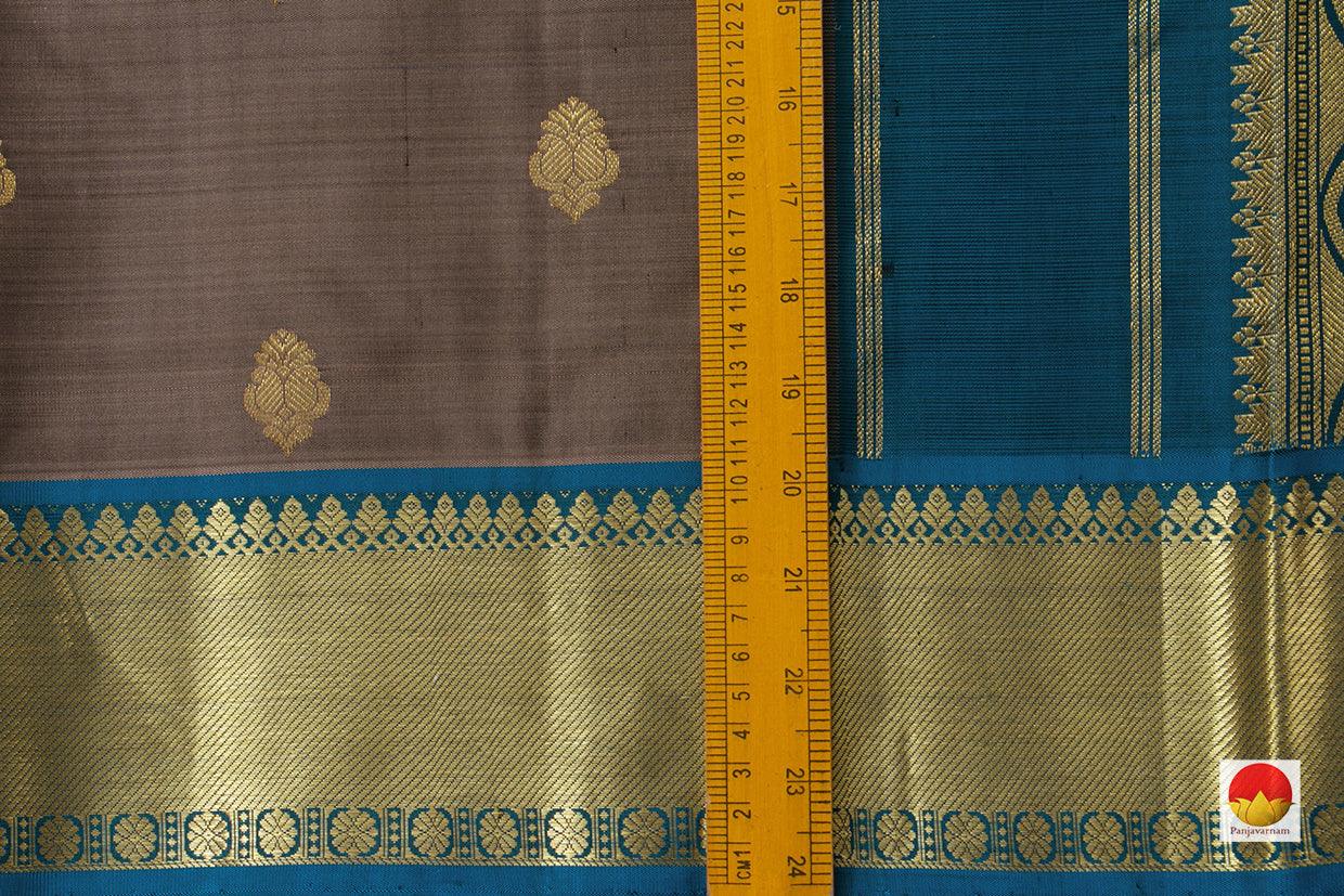 Grey Kanchipuram Silk Saree With Paisley Motifs And Blue Border Handwoven Pure Silk Pure Zari For Festive Wear PV SA 2037 - Silk Sari - Panjavarnam PV SA 2037