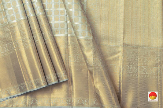 Grey Kanchipuram Silk Saree With Silver Checks Handwoven Pure Silk Pure Zari For Bridal Wear PV NYC 955 - Silk Sari - Panjavarnam