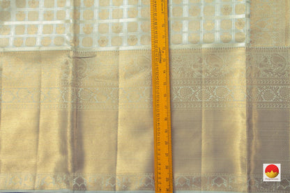 Grey Kanchipuram Silk Saree With Silver Checks Handwoven Pure Silk Pure Zari For Bridal Wear PV NYC 955 - Silk Sari - Panjavarnam