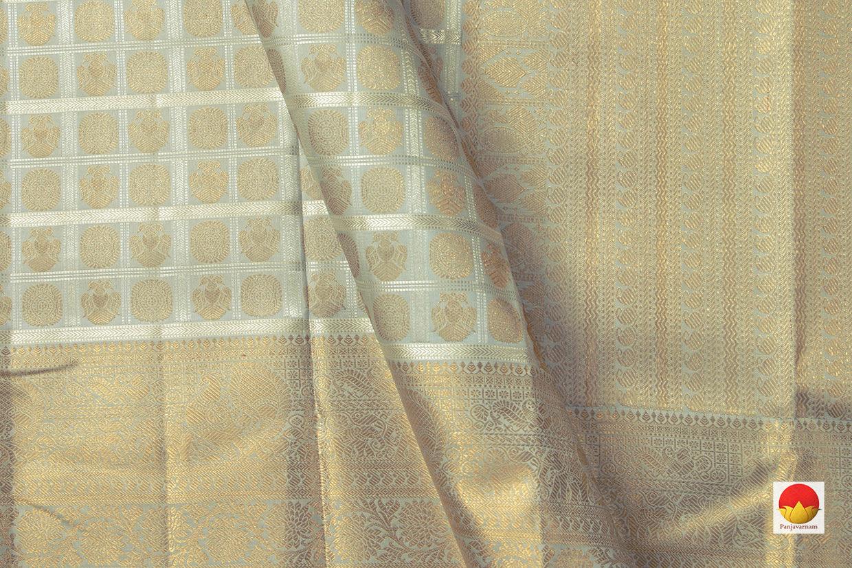 Grey Kanchipuram Silk Saree With Silver Checks Handwoven Pure Silk Pure Zari For Bridal Wear PV NYC 955 - Silk Sari - Panjavarnam PV NYC 955