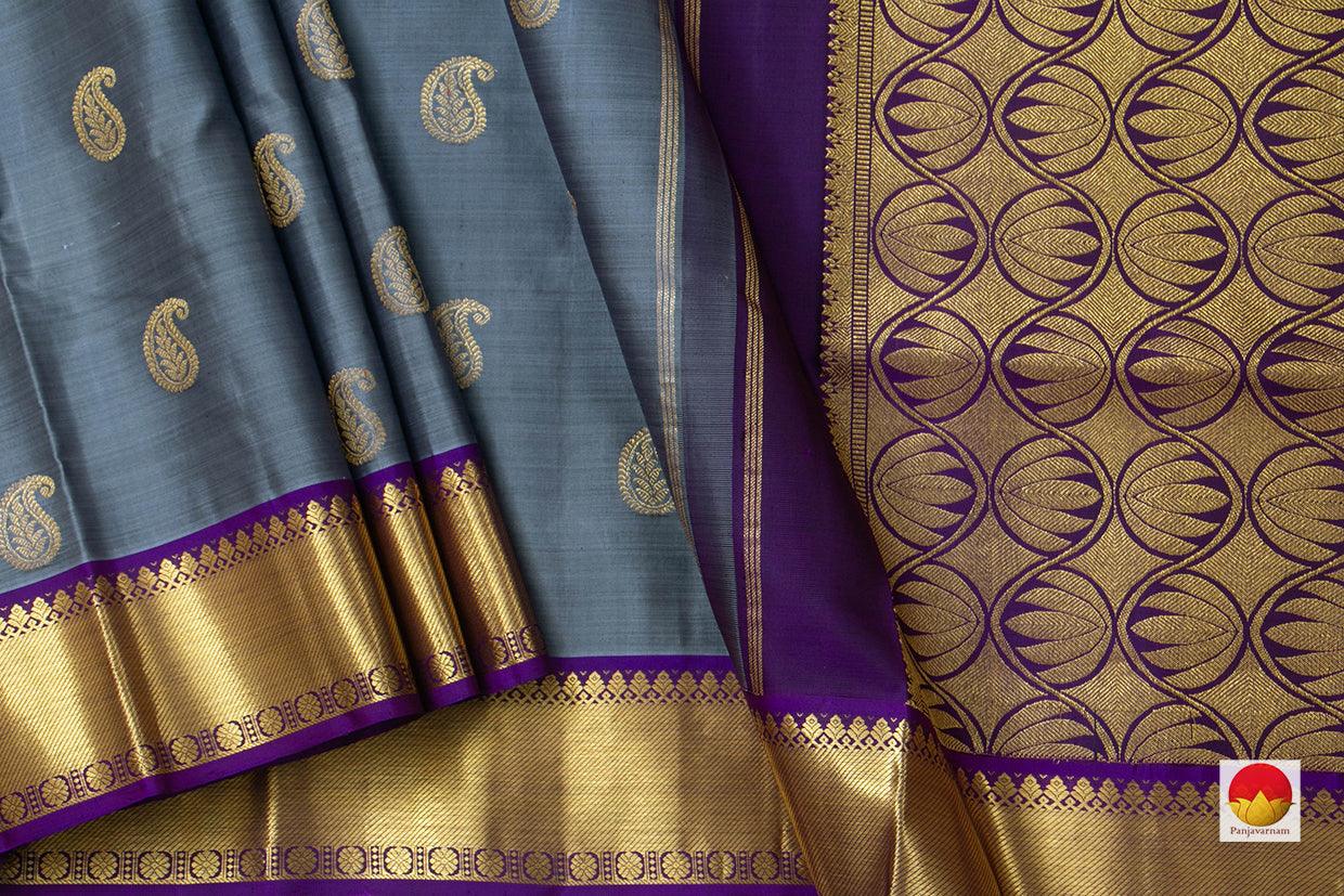 Grey Kanchipuram Silk Saree With Violet Border Handwoven Pure Silk Pure Zari For Festive Wear PV SA 2036 - Silk Sari - Panjavarnam PV SA 2036