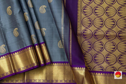 Grey Kanchipuram Silk Saree With Violet Border Handwoven Pure Silk Pure Zari For Festive Wear PV SA 2036 - Silk Sari - Panjavarnam PV SA 2036