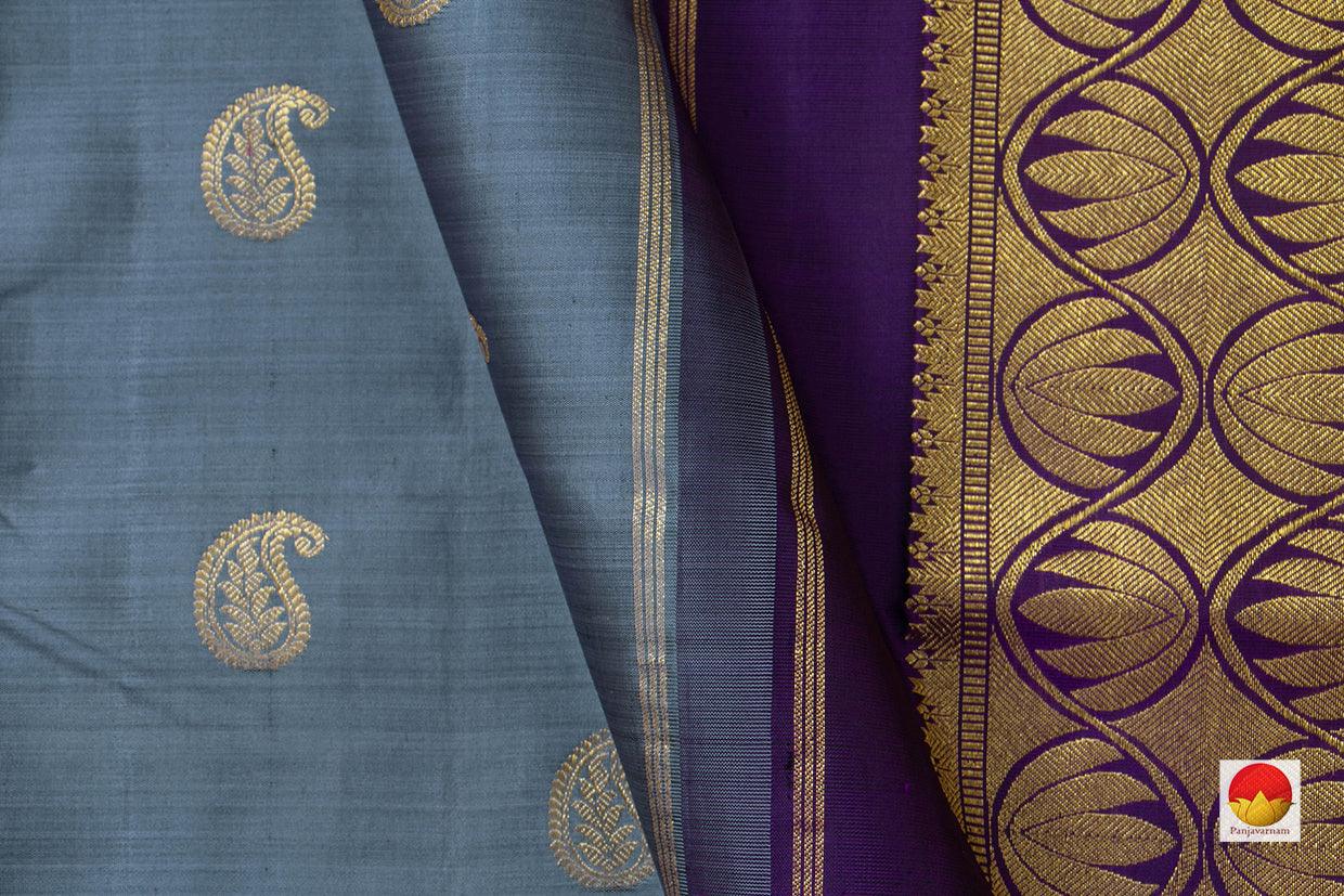 Grey Kanchipuram Silk Saree With Violet Border Handwoven Pure Silk Pure Zari For Festive Wear PV SA 2036 - Silk Sari - Panjavarnam PV SA 2036