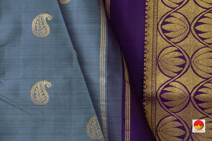 Grey Kanchipuram Silk Saree With Violet Border Handwoven Pure Silk Pure Zari For Festive Wear PV SA 2036 - Silk Sari - Panjavarnam PV SA 2036