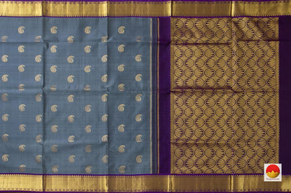 Grey Kanchipuram Silk Saree With Violet Border Handwoven Pure Silk Pure Zari For Festive Wear PV SA 2036 - Silk Sari - Panjavarnam PV SA 2036