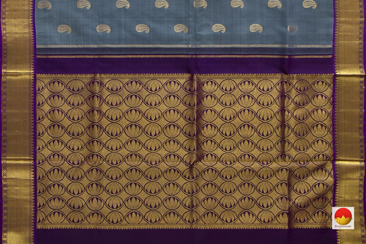 Grey Kanchipuram Silk Saree With Violet Border Handwoven Pure Silk Pure Zari For Festive Wear PV SA 2036 - Silk Sari - Panjavarnam PV SA 2036