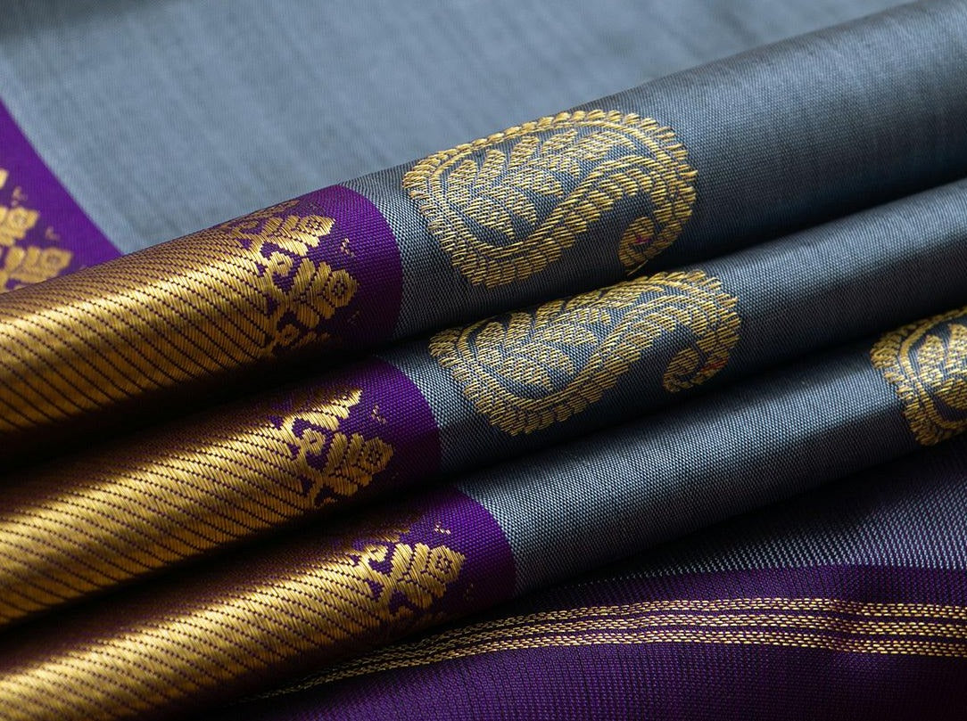 Grey Kanchipuram Silk Saree With Violet Border Handwoven Pure Silk Pure Zari For Festive Wear PV SA 2036 - Silk Sari - Panjavarnam PV SA 2036