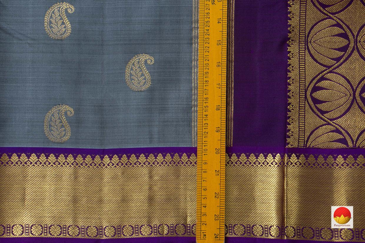 Grey Kanchipuram Silk Saree With Violet Border Handwoven Pure Silk Pure Zari For Festive Wear PV SA 2036 - Silk Sari - Panjavarnam PV SA 2036