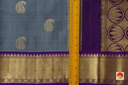 Grey Kanchipuram Silk Saree With Violet Border Handwoven Pure Silk Pure Zari For Festive Wear PV SA 2036 - Silk Sari - Panjavarnam PV SA 2036